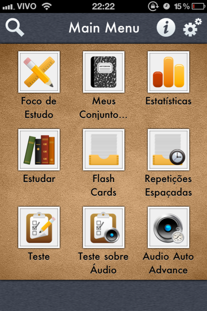 imagem da pagina inicial do aplicativo, com 9 icones representativos quanto a cada função do aplicativo.