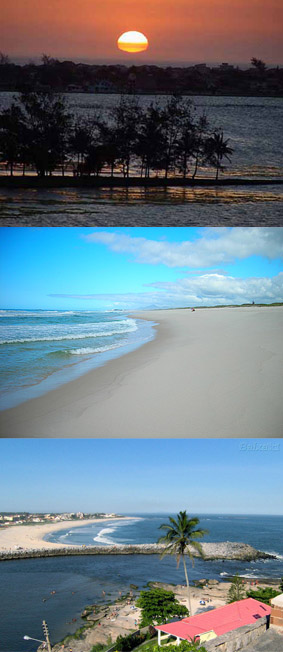 De cima pra baixo: Saquarema vista da lagoa, vista da praia e mirante onde a lagoa e o mar se encontram. Fonte: Google